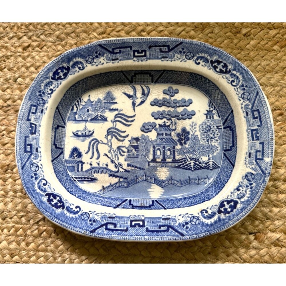 Antique English Blue Willow Oval Platter 13" Chinoiserie Transferware Unmarked